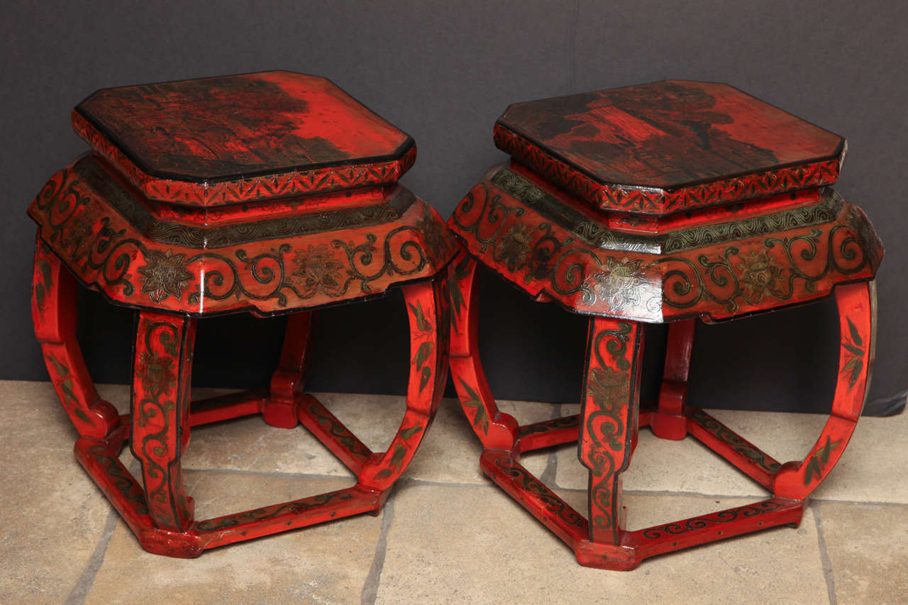 Pair of Red Lacquered Taborets