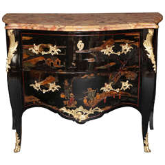 Antique Louis XV Black Lacquered Bombe Commode