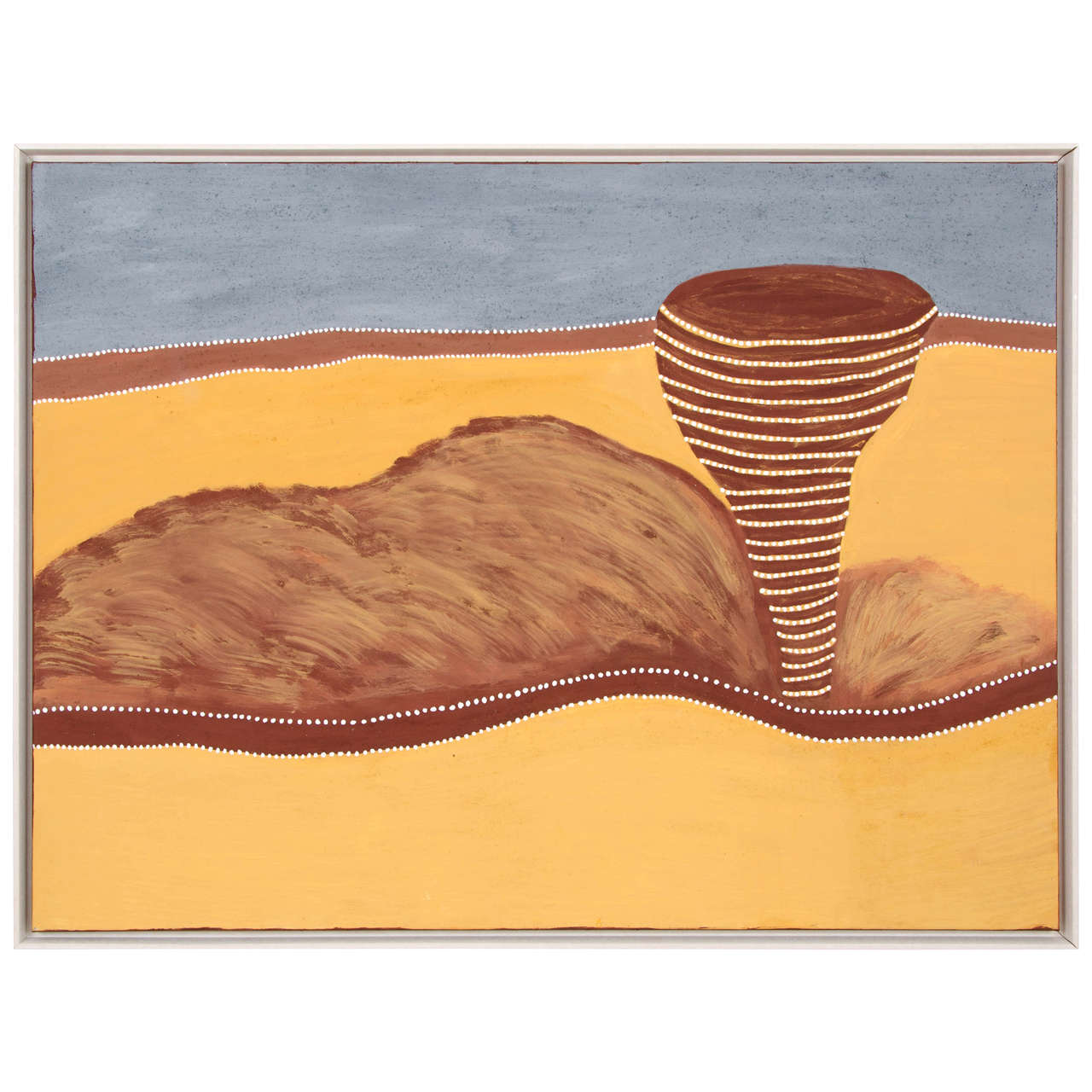 Myria Demouilpied - "Travelling Spirits" - natural ochre pigments on canvas.

Contemporary Australian aboriginal art.

This beautiful framed painting is executed in natural ochres which add an interesting texture to the surface. The