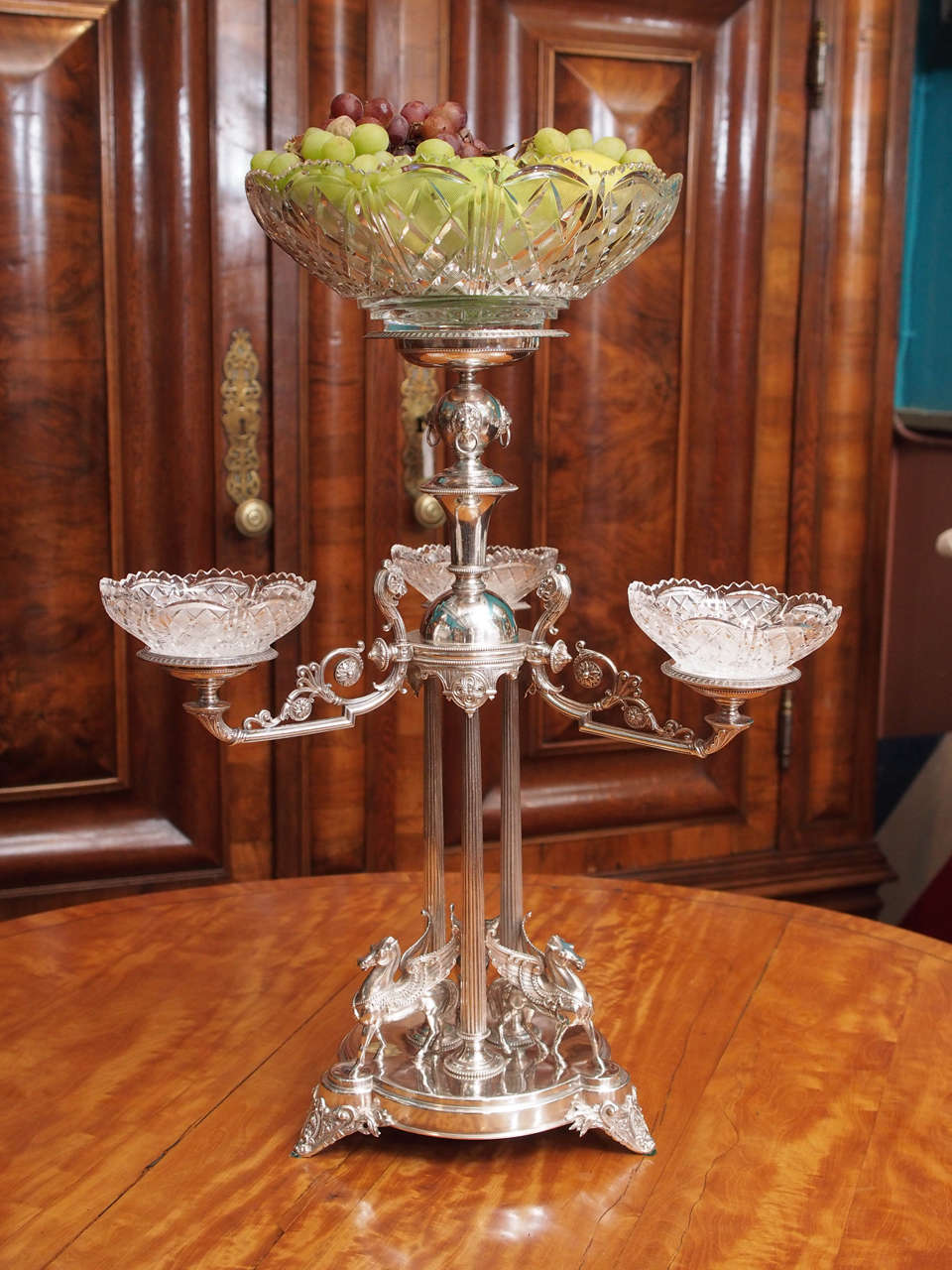 Neoclassical Revival 19th Century English Plated Silver and Crystal Epergne