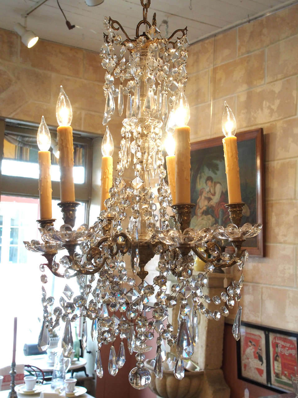 Early 19th century French Restoration period six-light crystal chandelier.