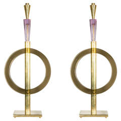 Pair of Lamps in Brass and Colored Glass