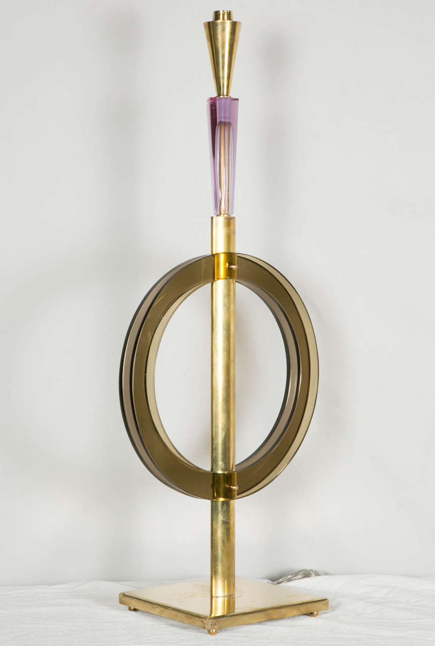 Pair of Lamps in Brass and Colored Glass 1