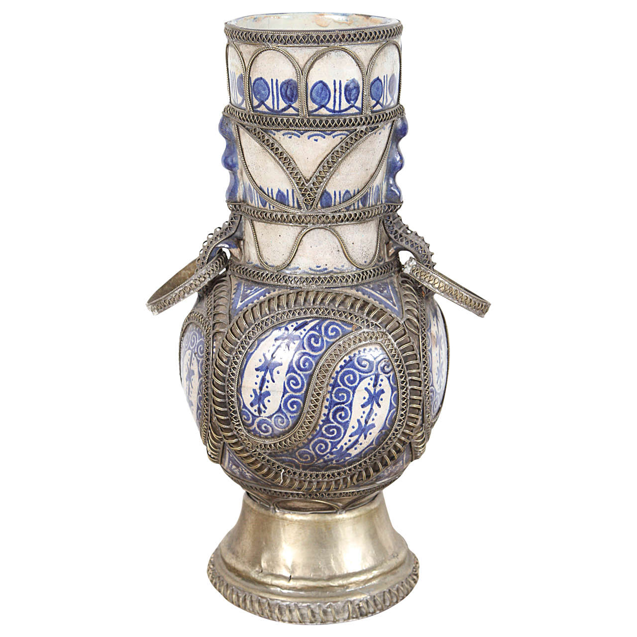 Moorish Moroccan Blue and White Ceramic Vase from Fez with Silver Filigree For Sale