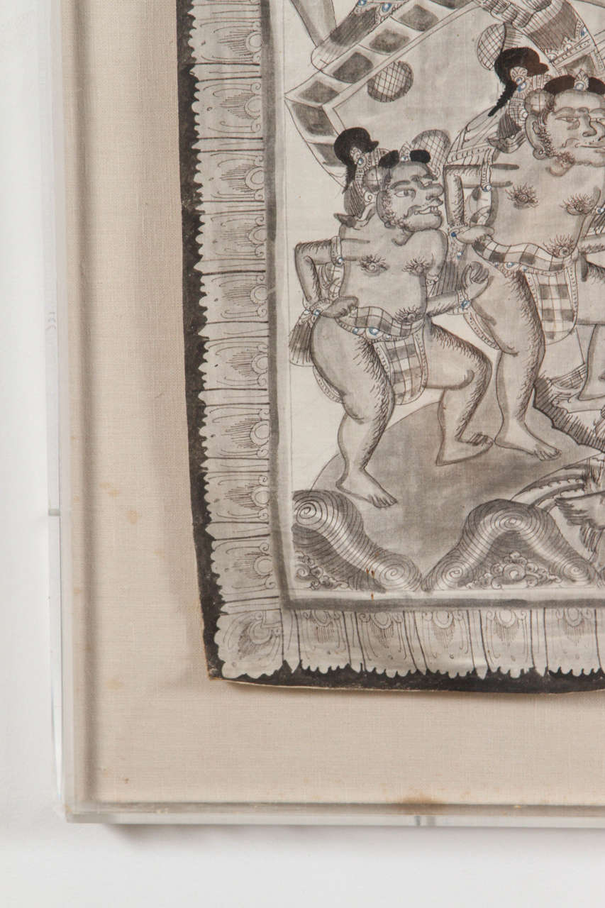 Tibetan Framed Thanka Monochrome Painting on Silk