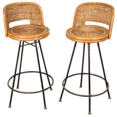 Pair of Jacques Adnet Style Woven Rattan Chairs