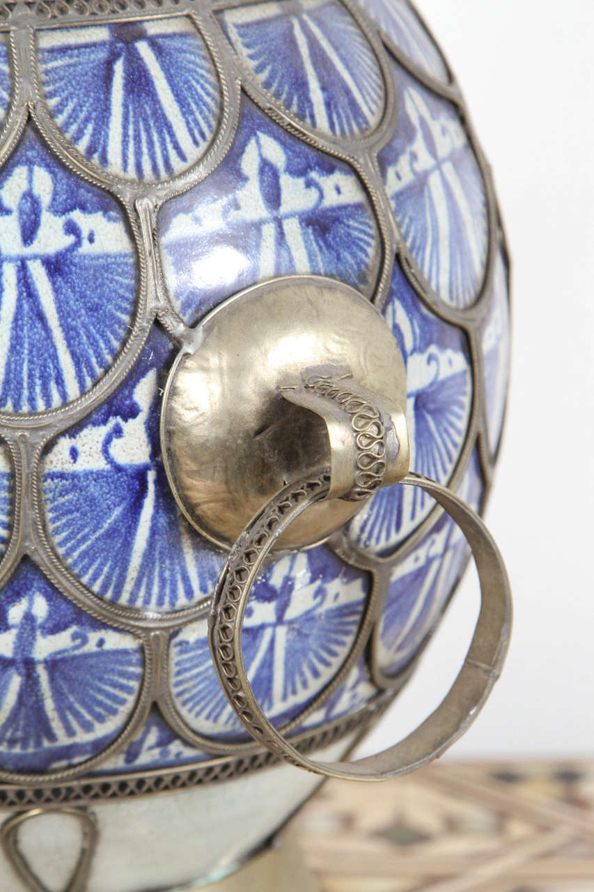 Moroccan Antique Moorish  Ceramic Vase from Fez Blue and White with Silver filigree For Sale