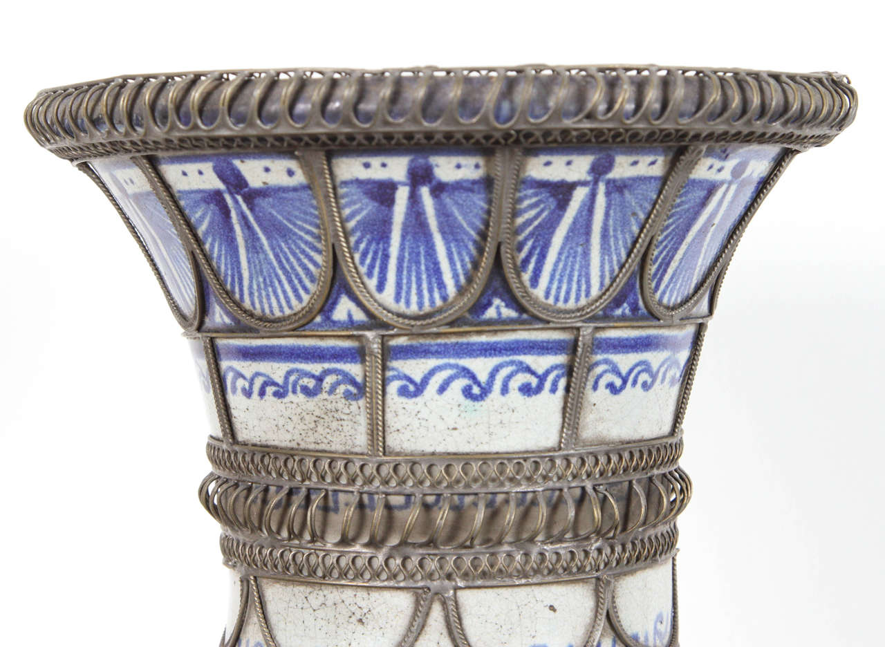 Hand-Crafted Antique Moorish  Ceramic Vase from Fez Blue and White with Silver filigree For Sale