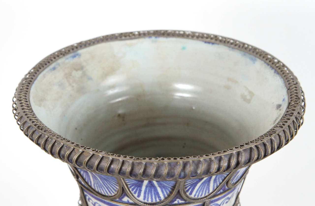 Antique Moorish  Ceramic Vase from Fez Blue and White with Silver filigree In Good Condition For Sale In North Hollywood, CA