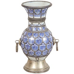 Antique Moorish  Ceramic Vase from Fez Blue and White with Silver filigree