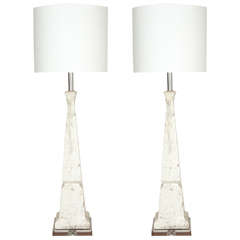 Faux Marble Lucite-Based Tall Lamps