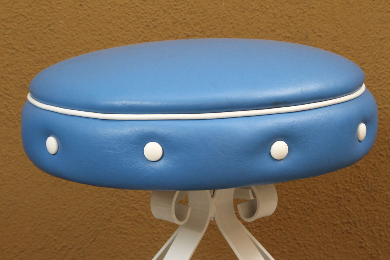 American Three Stools with White Metal Bases and Blue Leather Swivel Seats For Sale