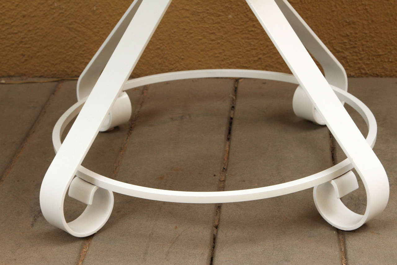 Three Stools with White Metal Bases and Blue Leather Swivel Seats In Excellent Condition For Sale In Santa Monica, CA