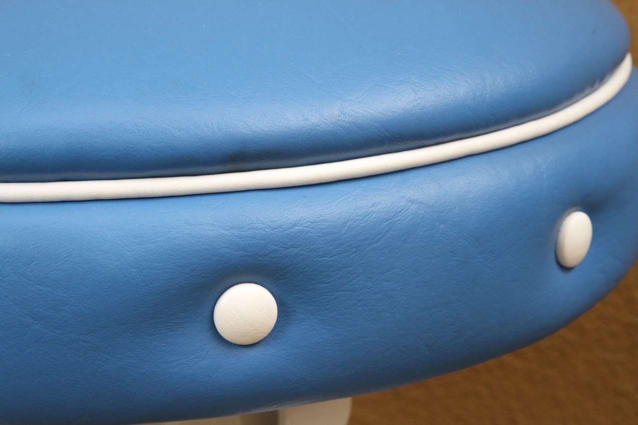 Mid-20th Century Three Stools with White Metal Bases and Blue Leather Swivel Seats For Sale