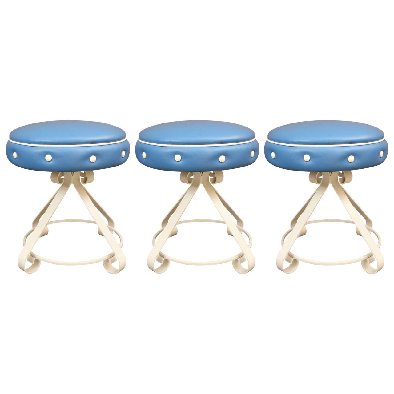 Three Stools with White Metal Bases and Blue Leather Swivel Seats For Sale