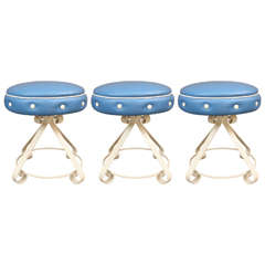 Three Stools with White Metal Bases and Blue Leather Swivel Seats
