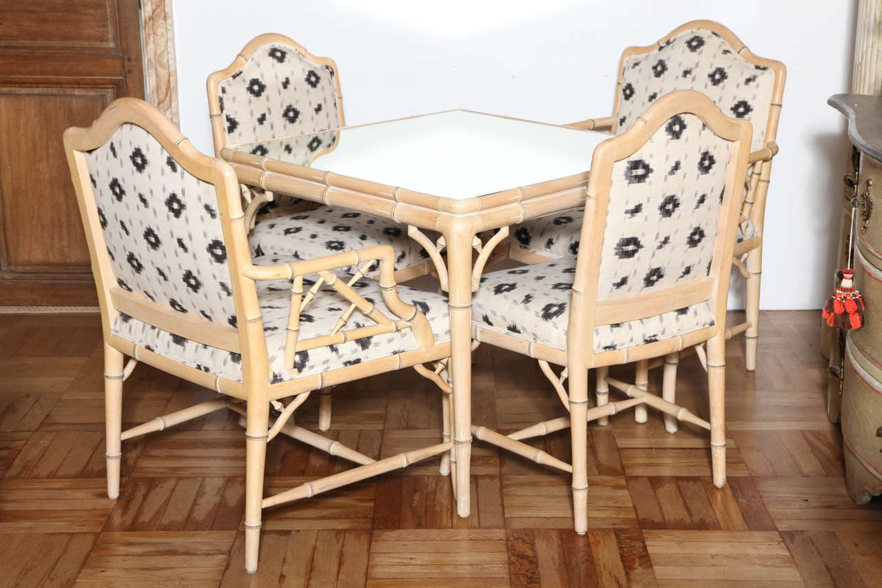 Carved and Painted Faux Bamboo Card Table and Four Matching Chairs, circa 1970