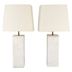 Pair of Substantial Travertine Square Column Table Lamps
