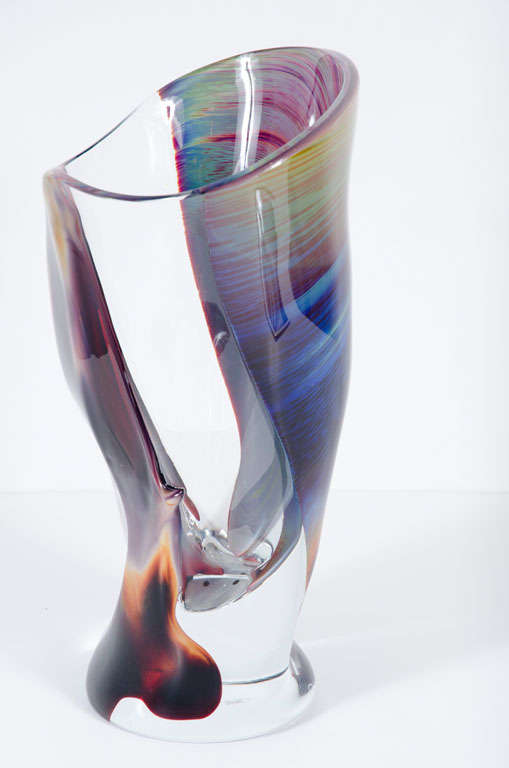 An exquisite Murano glass vase in clear glass and calcedonia glass, a fifteenth century technique rediscovered by Rosin that is acheived by adding silver nitrate which creates a colorful striated effect. Etched signature 