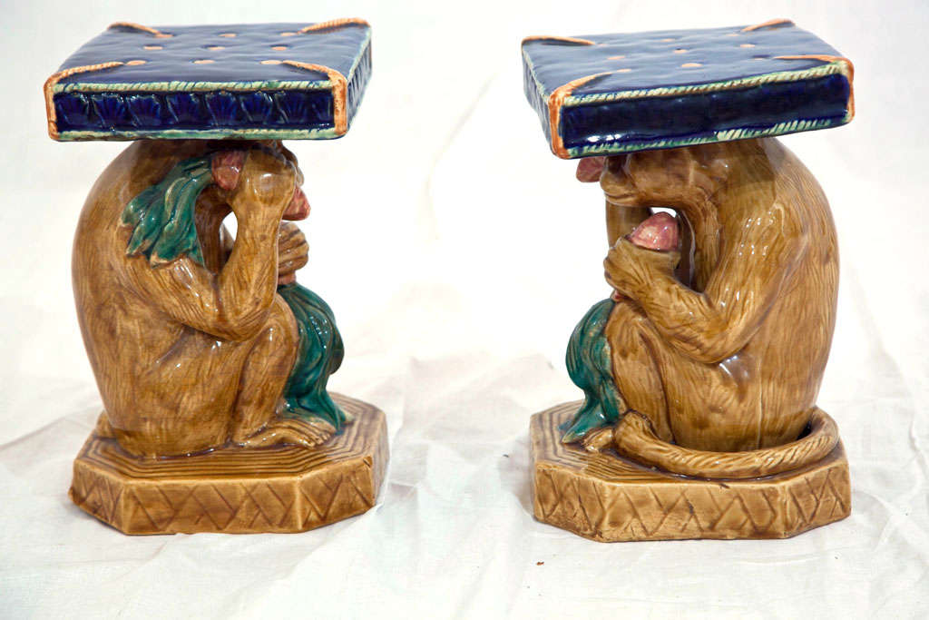 1950's Pair of Dimuniutive  Monkey Form Ceramic Plant Stands For Sale 1