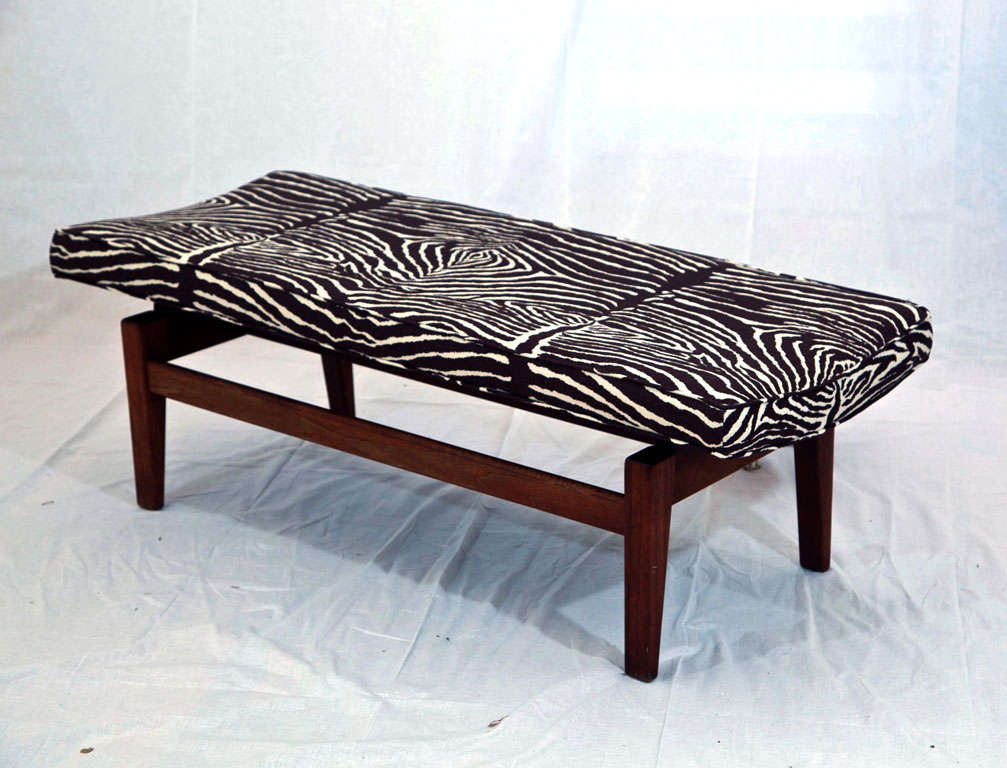 Lovely teak bench with high-quality zebra-print upholstery. Similar in style to jens Risom.