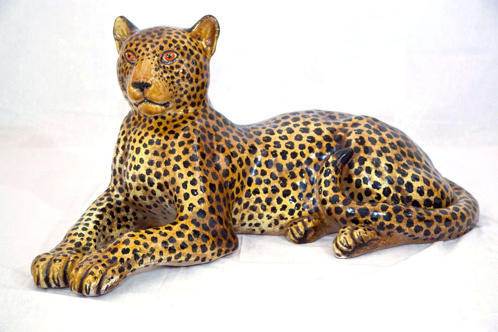 Gorgeous and impressive Leopard from the 1930's.  3/4 life size. Colors are very rich. Great age without crazing. A really gorgeous piece.