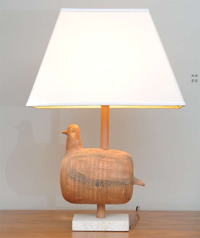 ...SOLD...Whimsical and adorable, Aldo Londi (1911-2003),the renown design head of Ceramica Bitossi for over 50 years and well known for his Rimini Blu glaze, created this highly collectible bird form sculpture that has been mounted as a lamp and