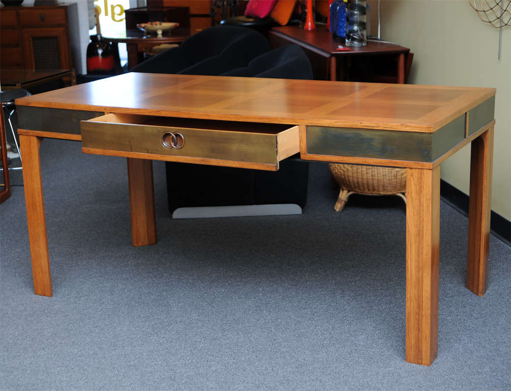 American Exceptional Modern Oak Walnut  & Brass Desk by Heritage