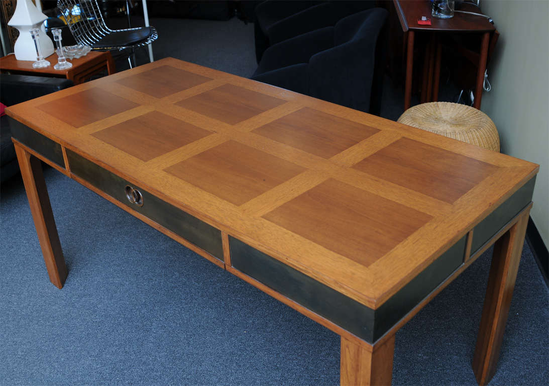 Exceptional Modern Oak Walnut  & Brass Desk by Heritage 1
