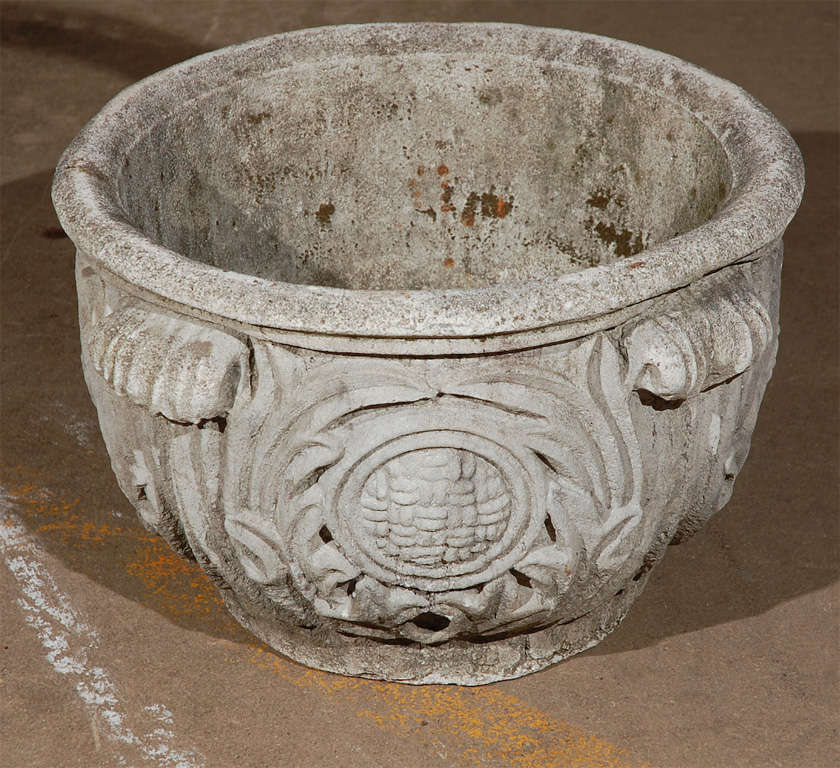 Round Cast Concrete Planter with Acanthus Leaf and Basketweave Circle Decoration