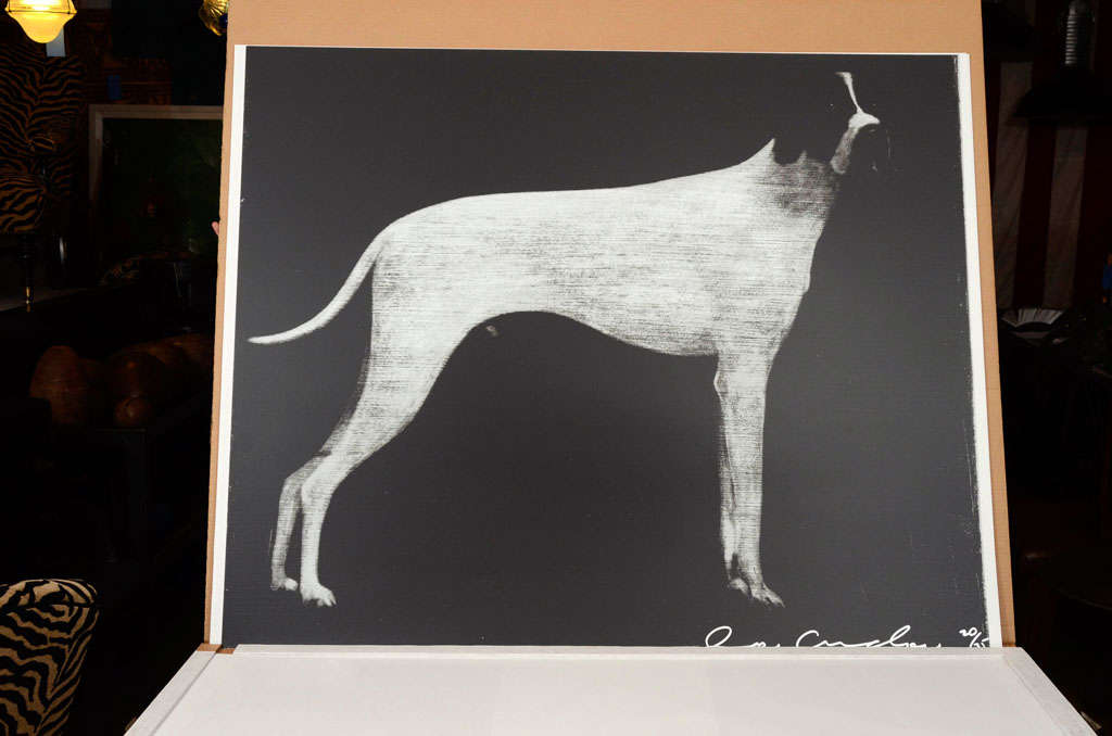 Three large hound prints made from 14 layers of silkscreens to produce rich colors. Available in graphite ($2500) (as shown), burgundy ($2500) and blue ($2800). Edition of 35 each color. Framed in flat black wood frame.