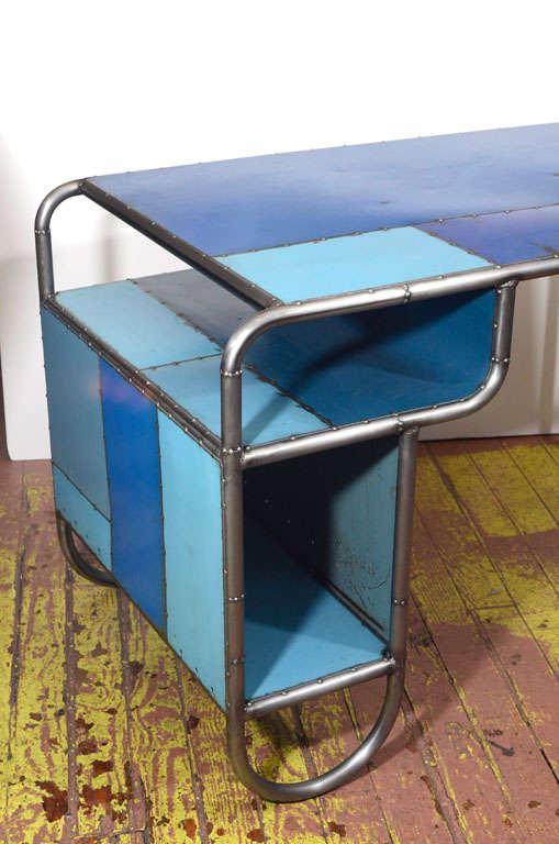 American Reclaimed Steel Blue Desk In Good Condition For Sale In New York, NY