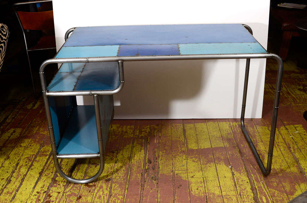 Mid-20th Century American Reclaimed Steel Blue Desk For Sale