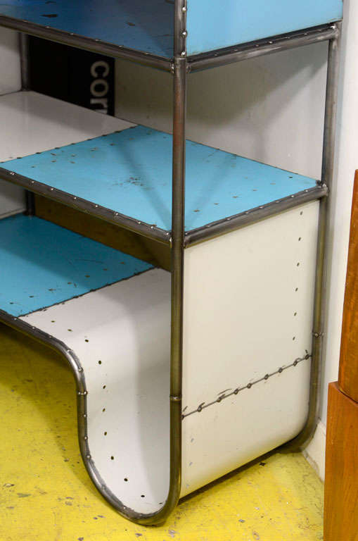 American Tubular Blue Steel Shelving Unit In Distressed Condition For Sale In New York, NY