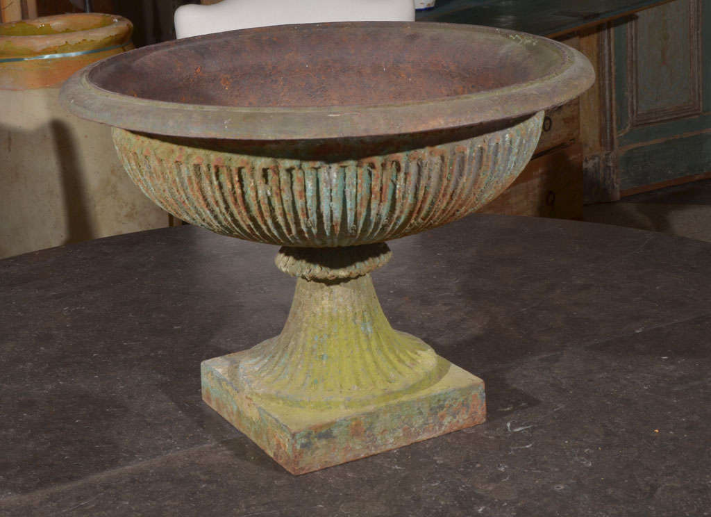 Large neoclassical iron urn cast in the early 19th century retaining original, or old, paint and a beautiful patina.