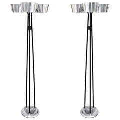 Pair of Iron & Chrome 3-Light Floor Lamps w/Frosted Shades by Lightolier
