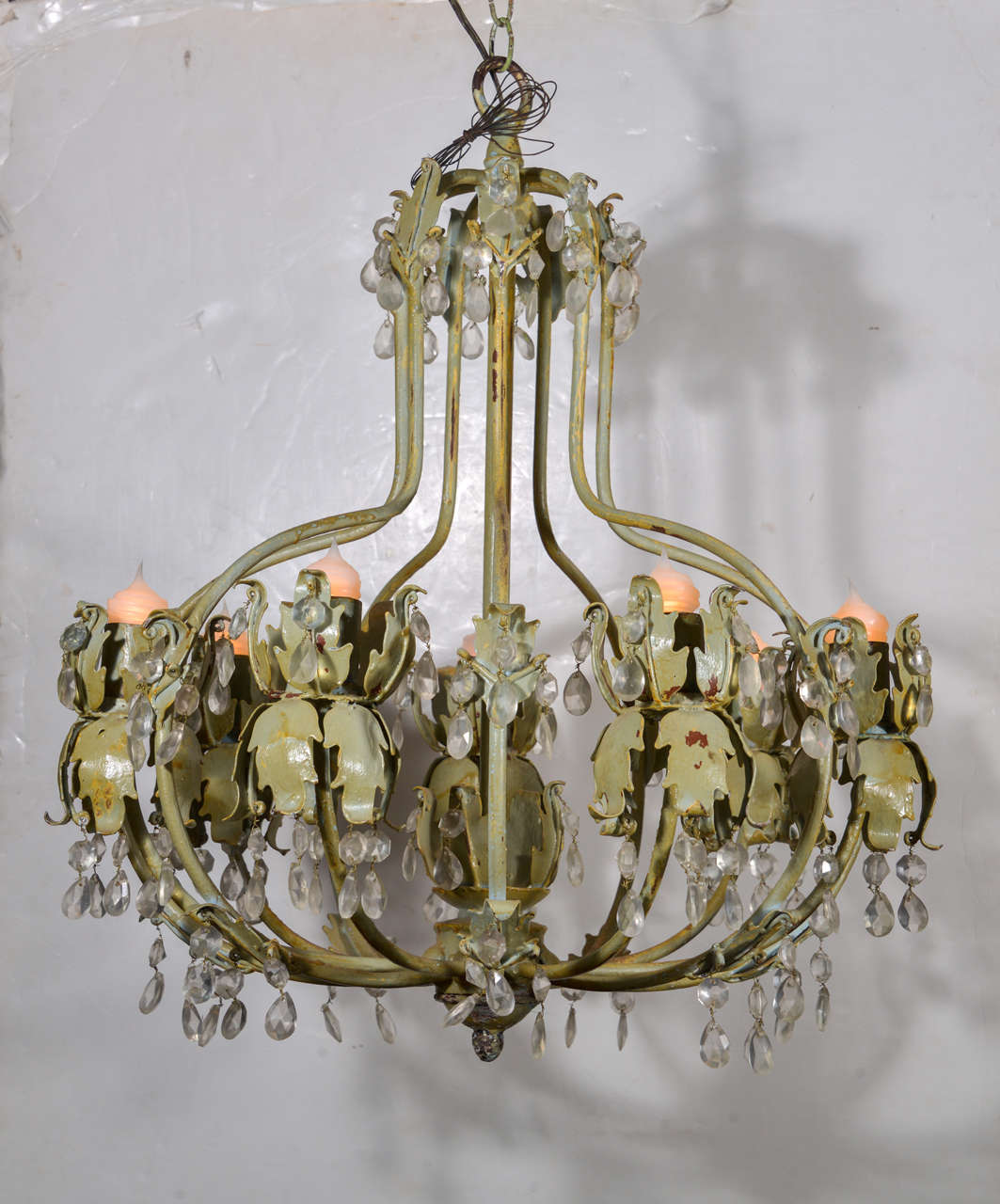 French Vintage Green-Gray Painted Iron Chandelier