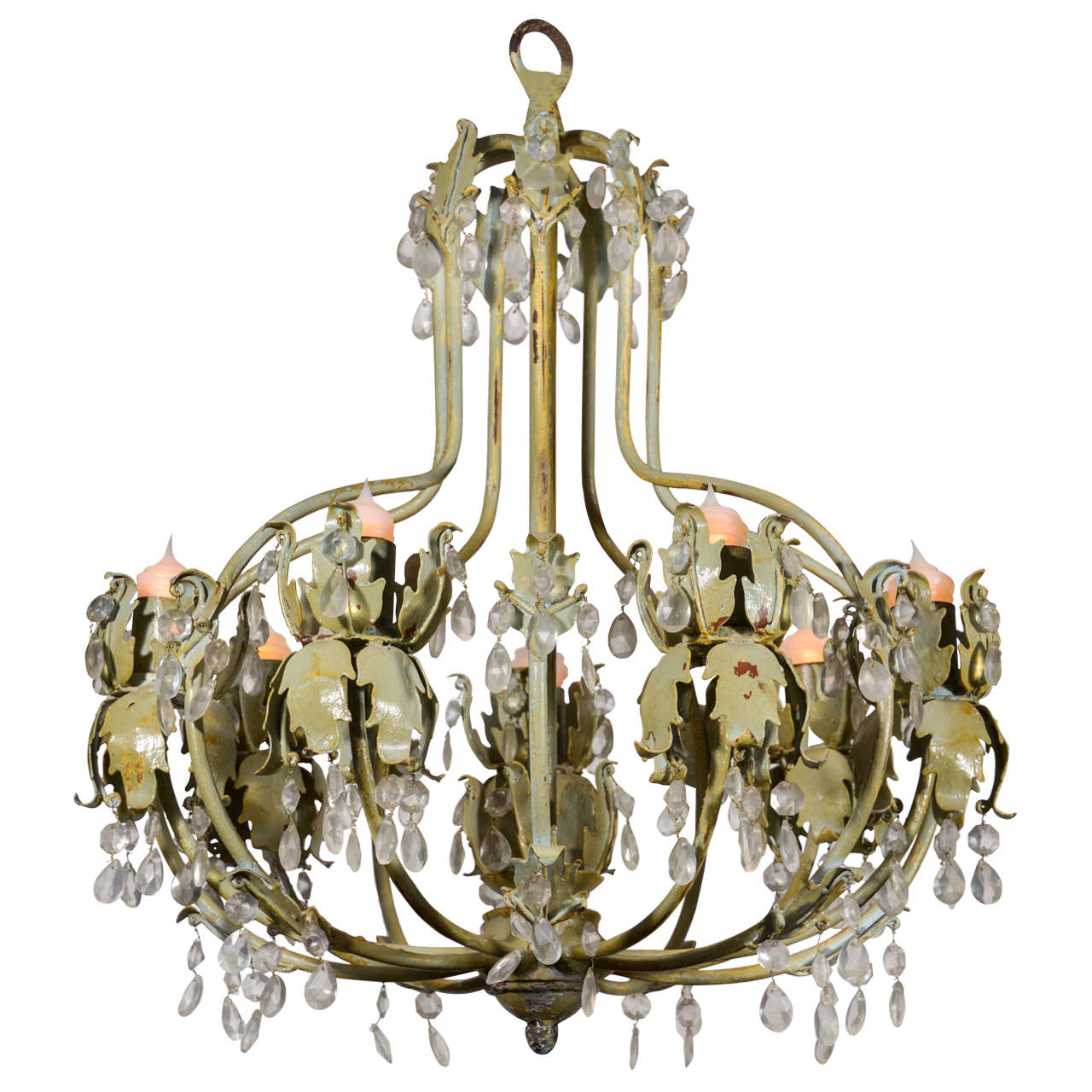 Vintage green-gray painted iron chandelier from France with eight lights each. Decorated in faceted pendants. Paint is distressed revealing layers of earlier light blue and beige paint underneath. Two available and priced separately at $4,600 each.
