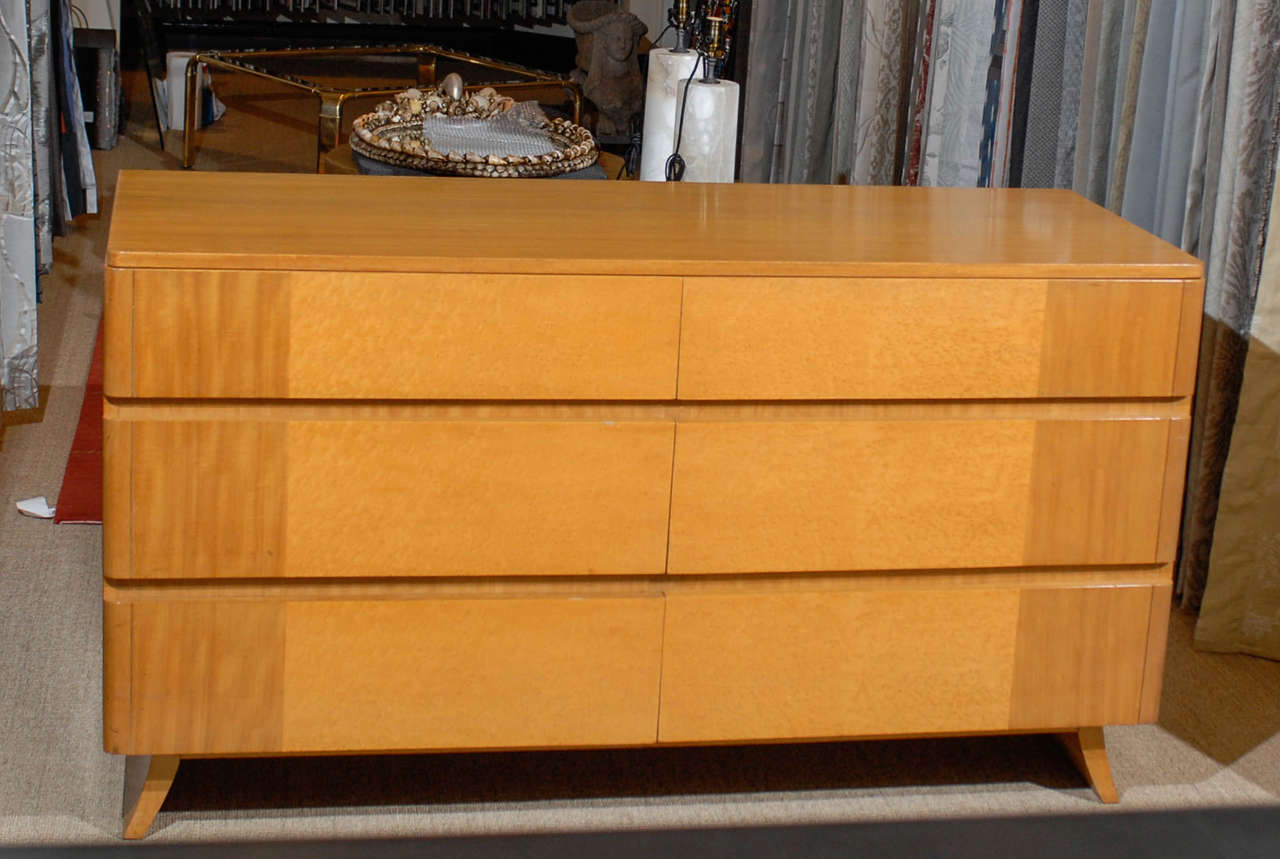 Lovely modern six-drawer chest by Rway, circa 1940s. Blonde mahogany with bird's-eye maple accents. Simply stunning! Retains the Maker mark. Excellent restored condition. The chest has been professionally cleaned and polished. The finish