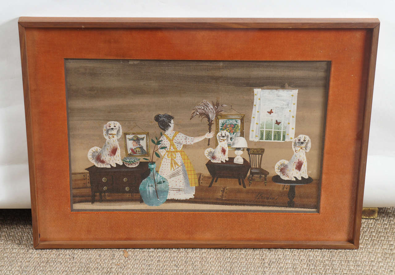 Here is a charming painting of a scene depicting a woman dusting an interior with antique furniture and Staffordshire dogs. In the style of folk art or Americana, this gouache painting was done in the 1950s in Hampton Bays. Signed by the artist: