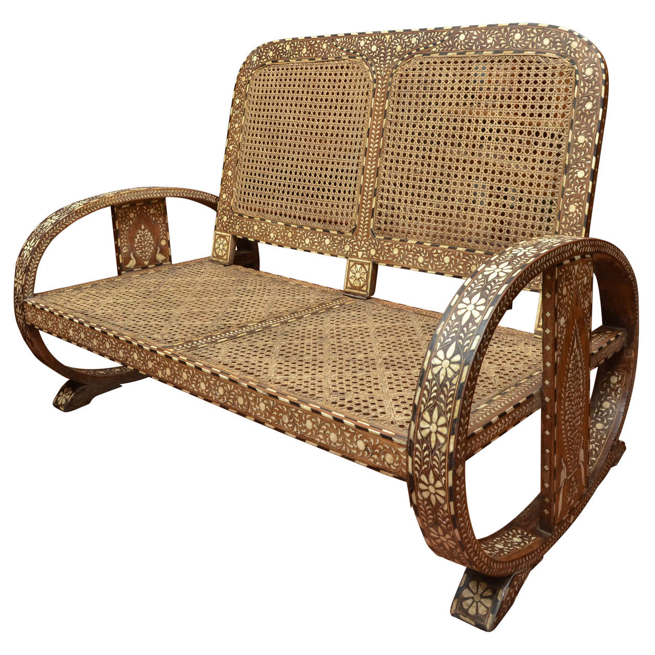 Anglo-Indian Horn and Bone Inlaid Settee with Caned Back and Seat