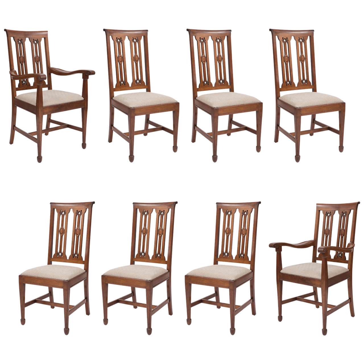 Arthur Simpson of Kendal, set of eight walnut dining chairs, England circa 1915 For Sale