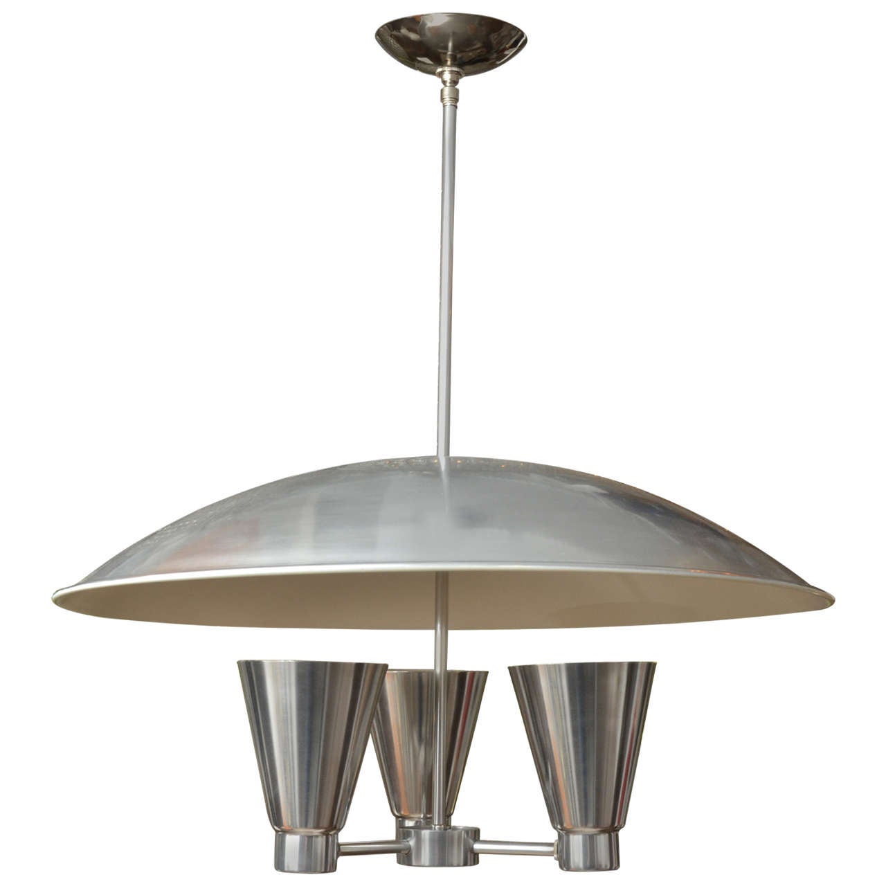 Spun Aluminium Dome Ceiling Fixture with Conical Uplights by Edward Wormley For Sale