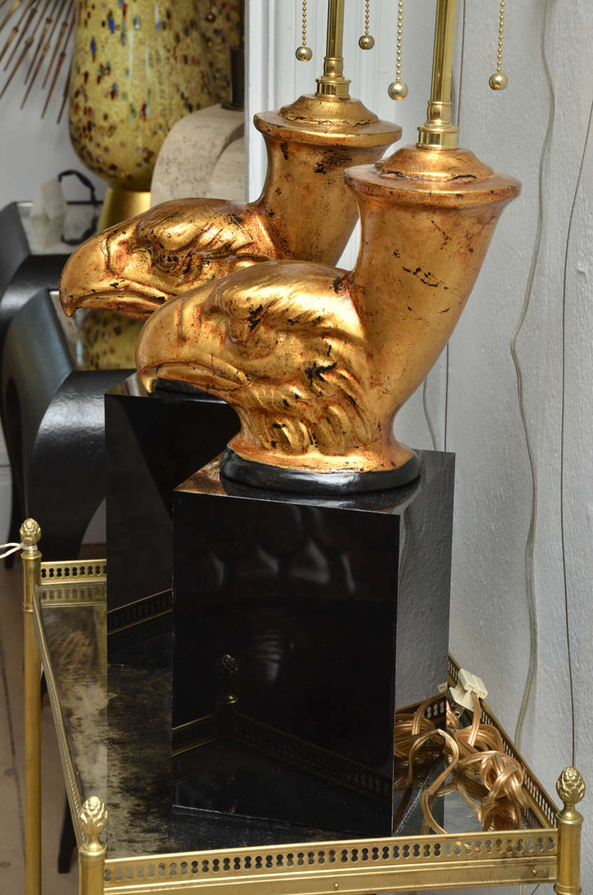Italian Pair of Gilded Eagle Head Table Lamps with Black Lucite Bases
