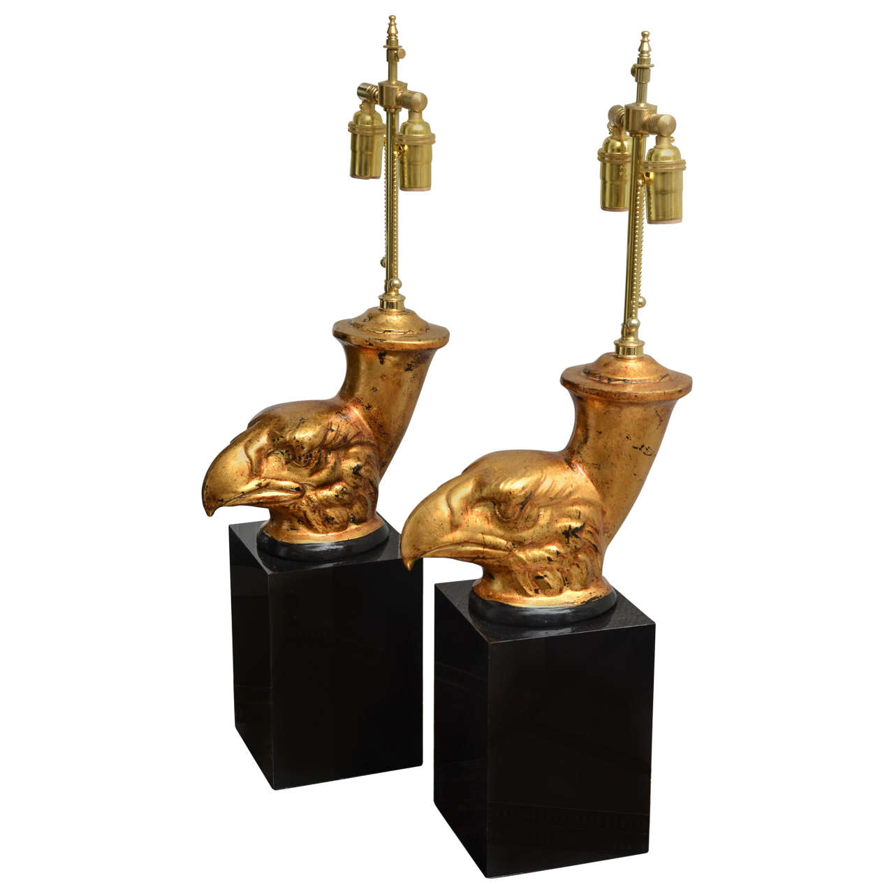 Pair of Gilded Eagle Head Table Lamps with Black Lucite Bases