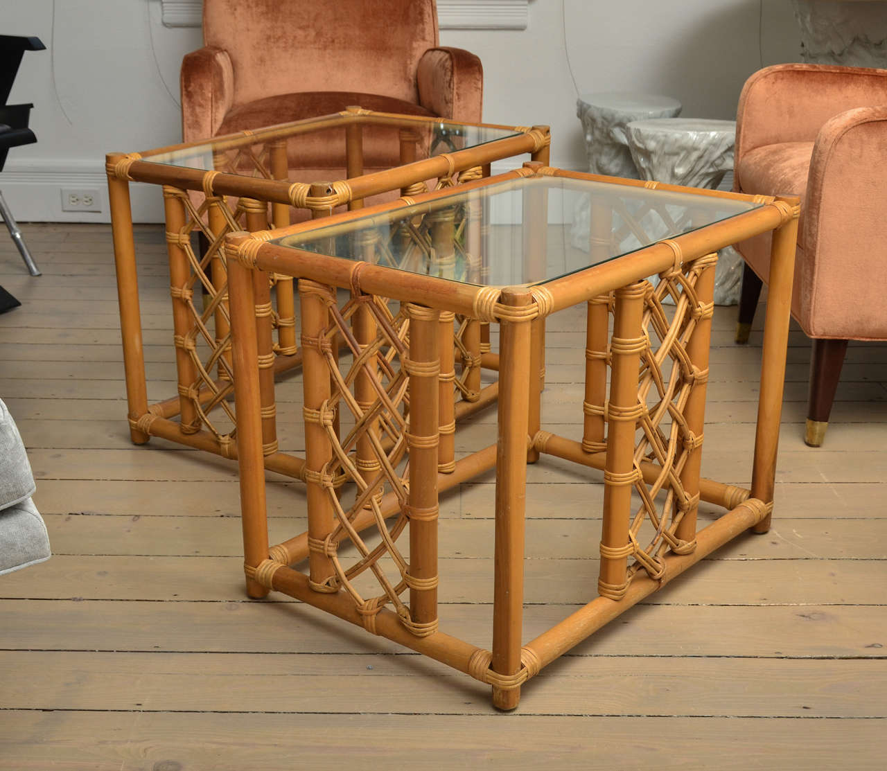 Pair of Bamboo Side Tables with Glass Tops