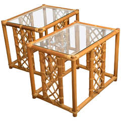 Pair of Bamboo Side Tables with Glass Tops
