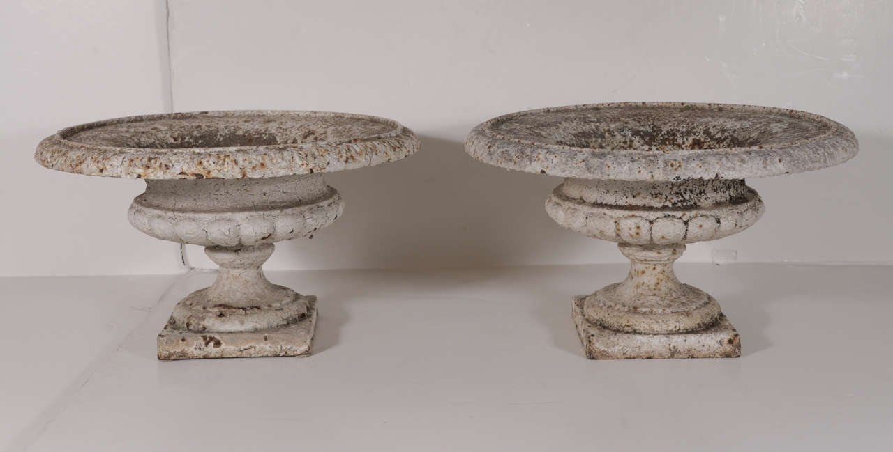 Pair of 19th c. Cast Iron English Manor Garden Urns with a beautiful exaggerated lip that ends in an egg and dart design.