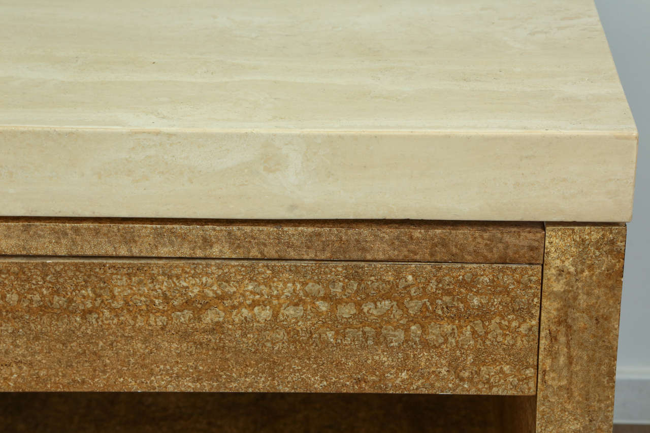 Pair of Wood and Travertine End Tables In Excellent Condition In New York, NY