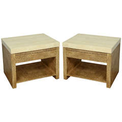 Pair of Wood and Travertine End Tables